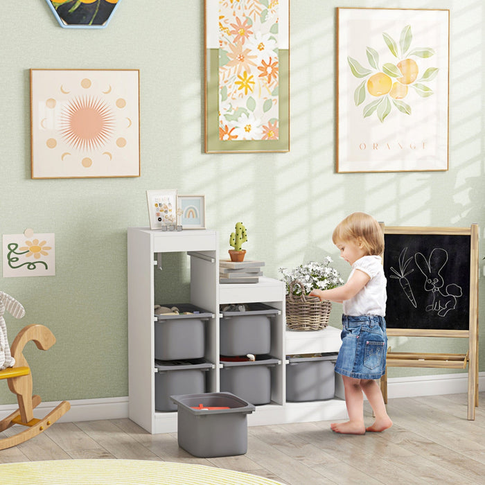 Qaba Toy Storage Organizer With 6 Plastic Bins, 3 Layers Kids Bookshelf Children Toy Storage With Anti-tipping Design, For Ages 3-8 Years, Study Room, Playroom, White
