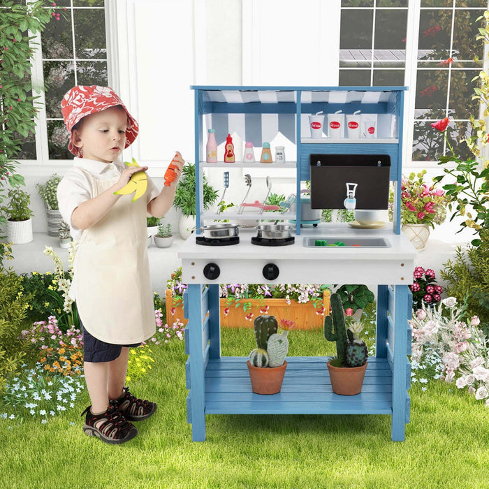 Costway 2-in-1 Wooden Mud Kitchen With Canopy Removable Sink Water Box Faucet Sound Effect