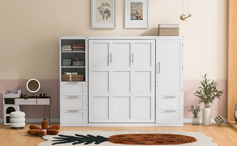 Angela Engineered Wood Murphy Wall Bed With Drawers And Shelves, Queen Size - White 