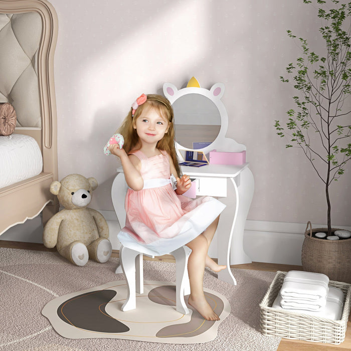 Qaba Kids Vanity Set With Mirror And Stool, Makeup Vanity Table For Children 3-6 Years Old, With Dra