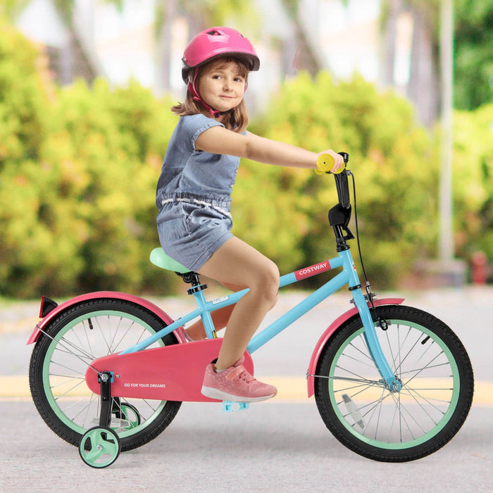 Costway 18" Kids Bike With Adjustable Saddle Handlebar Removable Training Wheels Handbrake Red
