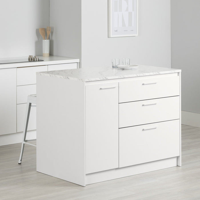 Myro Kitchen Island With Door And Drawers - Faux White Marble And White 
