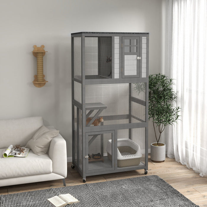 Pawhut 74\" Wooden Outdoor Cat House Weatherproof & Wheeled, Catio Outdoor Cat Enclosure With High We