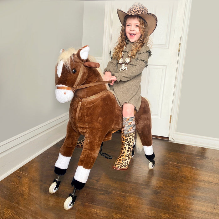 Qaba Kids Rocking Horse Walking Horse With Wheels, Large Size Moving Hobby Horse Ride On Toy Gift Fo