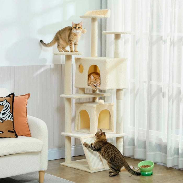 PawHut 63" Cat Tree, Cat Tower for Indoor Cats with Scratching Posts, Cat Condos, Bed, Platforms, Ramp, Toy Ball, Cat Activity Center, Cream White