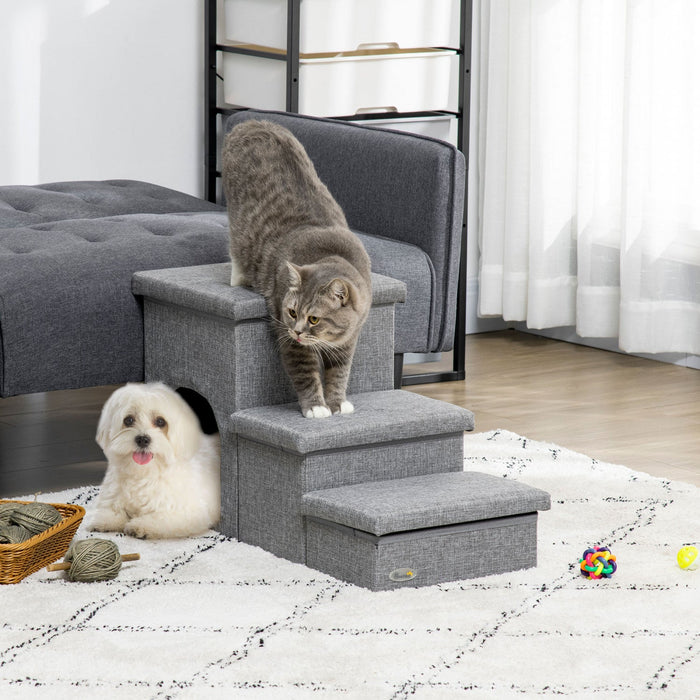 Pawhut Multifunctional Dog Stairs With Storage Boxes And Condo, 3-step Pet Stairs For High Beds And 