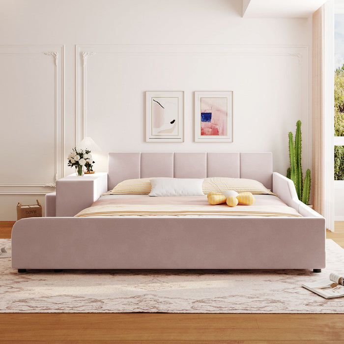 Lily Velvet Upholstered Grounded Bed with Desk and Stool,Queen Size,Pink Queen Bed  