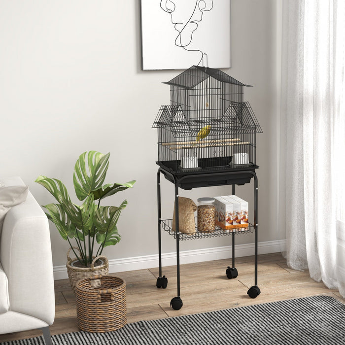 Pawhut 48" Bird Cage For Finches, Canaries, Budgies, Indoor Parrot Cage With Perch, Swing, Food Container, Slide-out Tray, Handle, Stand, Bottom Shelf, Black