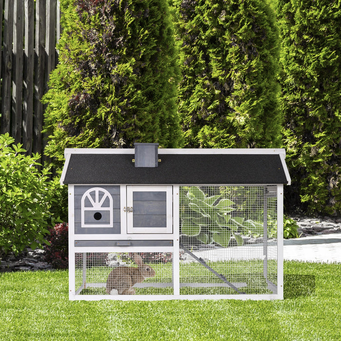Pawhut Rabbit Hutch, Wooden Guinea Pig Cage Outdoor With Run, Removable Tray, Ramp, Asphalt Roof, Gr