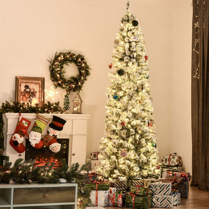 Homcom 7.5ft Prelit Artificial Snow Flocked Pencil Christmas Tree
