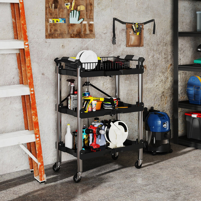 Homcom 3-tier Collapsible Tool Cart With Wheels, Folding Utility Cart Black