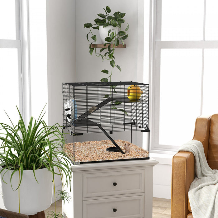 Pawhut Hamster Cage, Gerbil Cage With Glass Basin, Ramps, Platforms, Hut, Exercise Wheel, For Syrian
