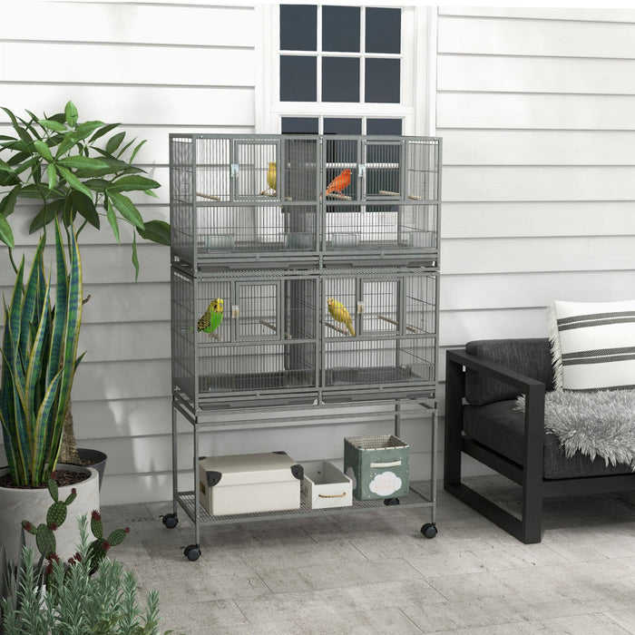 Pawhut 61 Inch Large Double Rolling Metal Bird Cage Bird House With Removable Metal Tray, Storage Sh