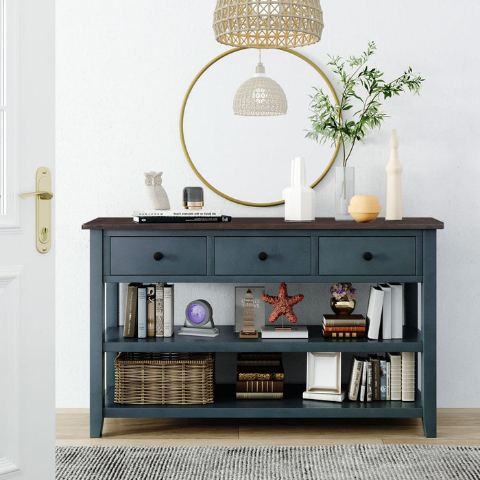 Wendy Solid Wood Console Table With 3 Drawers And 2 Open Shelves,navy Blue Accent Cabinet 