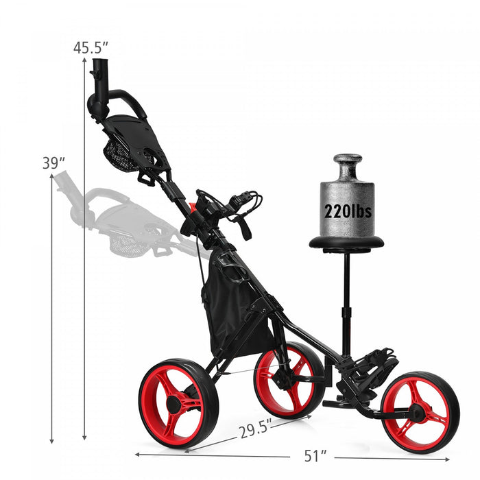 Goplus Folding 3 Wheels Golf Push Cart W/seat Scoreboard Adjustable Handle Red