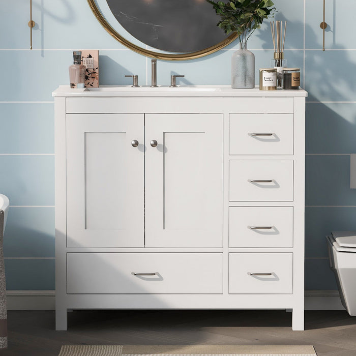 Andrew 36\" Solid Wood Bathroom Vanity With Ceramic Sink And Storage Cabinet - White 