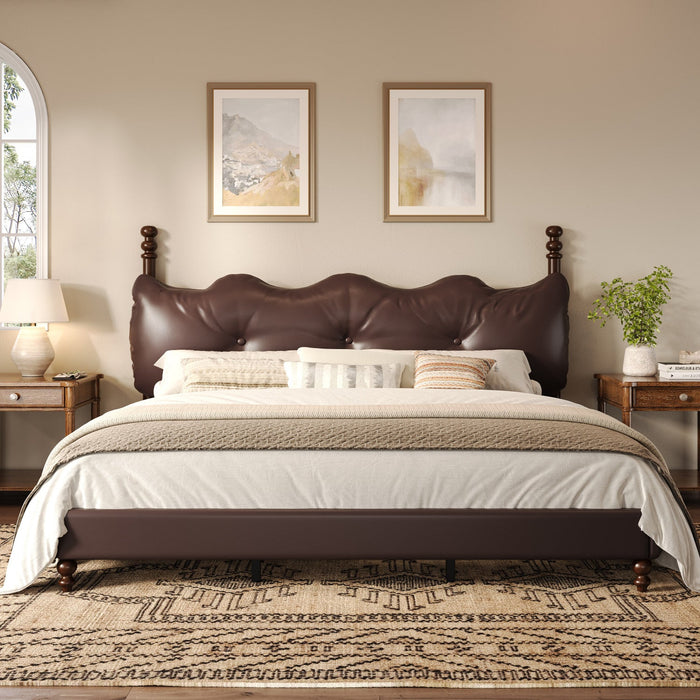 Emma Faux Leather Platform Bed Frame with Headboard,California King Size,Dark Brown King Bed  