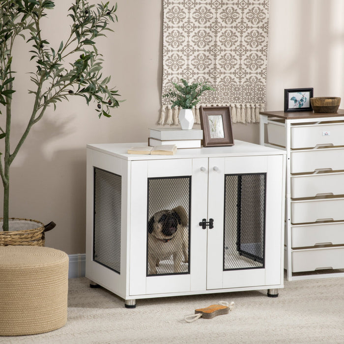 Pawhut Pet Crate End Table With Water-resistant Cushion, Double-door Dog Crate Furniture For Medium 