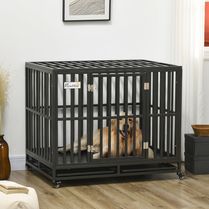 Pawhut Heavy Duty Steel Dog Crate Kennel Pet Cage With Wheels For Portability And A Door For Conveni