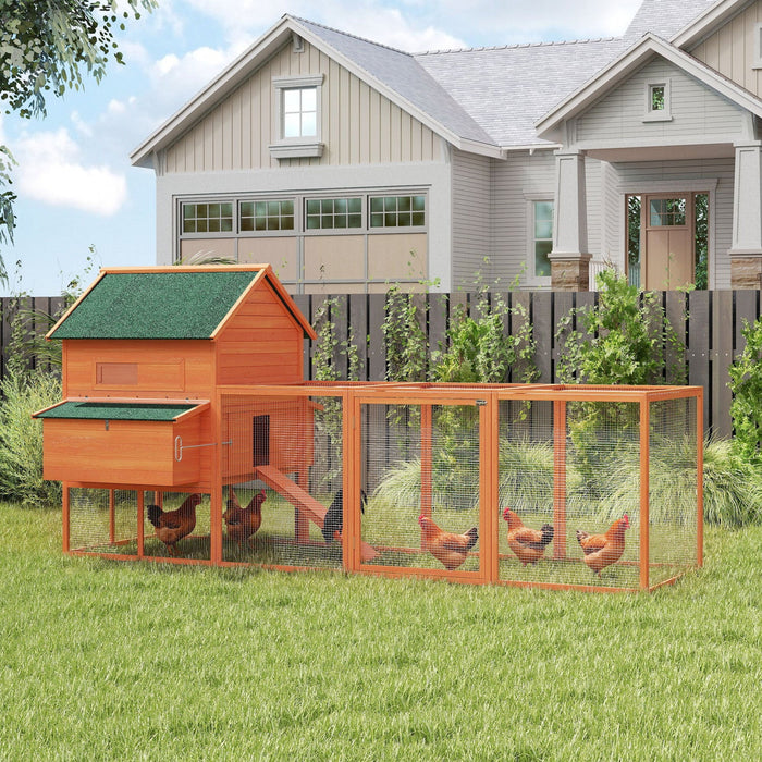 PawHut 137"L Chicken Coop, Wooden Large Hen House with Chicken Run, Nesting Box, Poultry Cage for Outdoor, Backyard, Orange