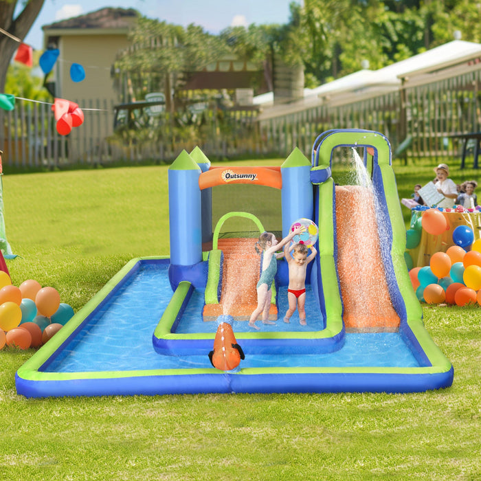 Outsunny 5 In 1 Kids Bounce House With Double Slides Pool Trampoline Climbing Wall Water Cannon, Inf