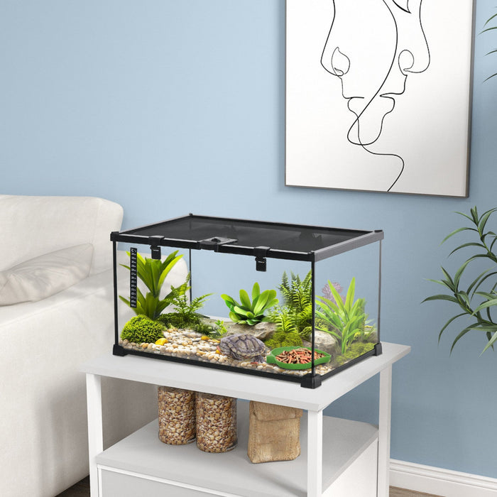 Pawhut Glass Reptile Terrarium, 20"x12"x10"jumping Spider Enclosure With Thermometer, Water Basin, Full View Visually For Lizards, Horned Frogs, Snakes, Spiders - Black