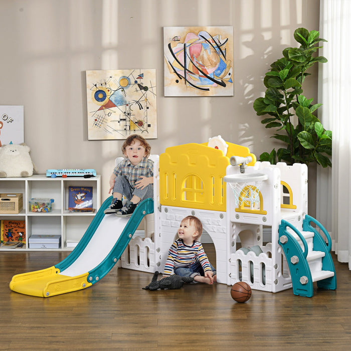 Qaba Toddler Slide, 7 In 1 Slide For Kids With Basketball Hoop, Climber, Telescope, Tunnel, Steering