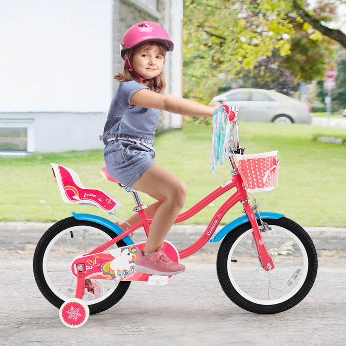 Costway 16" Kids Bike With Basket Doll Seat & Colorful Streamers 2 Training Wheels Pink