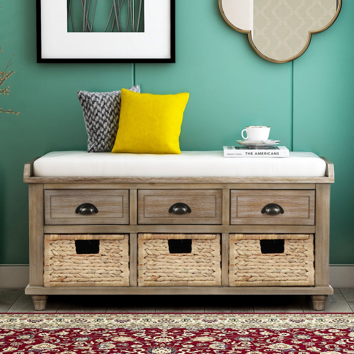 Harvey Solid Wood Storage Bench With Drawers And Rattan Baskets - Light Brown 
