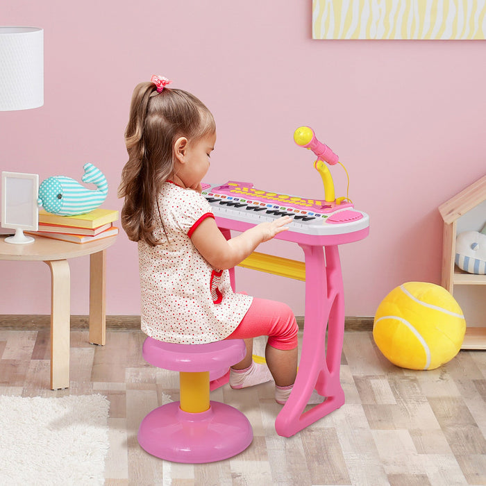 Qaba Kids Toddler Toy Piano Keyboard With Included Sitting Stool, Working Microphone, A Fun Bright F