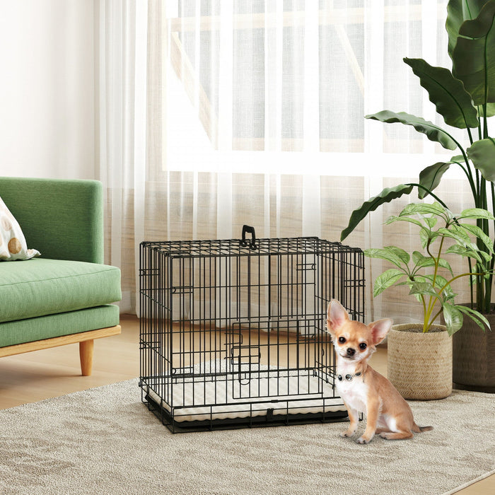 PawHut Dog Crate, 24" Folding Metal Dog Kennel with 2 Doors, Removable Tray, Soft Cushion, Handle, Pet Cage for Extra Small Dogs, Black