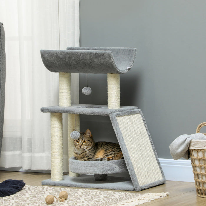 Pawhut Cat Tree, Small Cat Tower With Perch, Sisal Scratching Posts, Scratch Pad, Bed, Hanging Balls