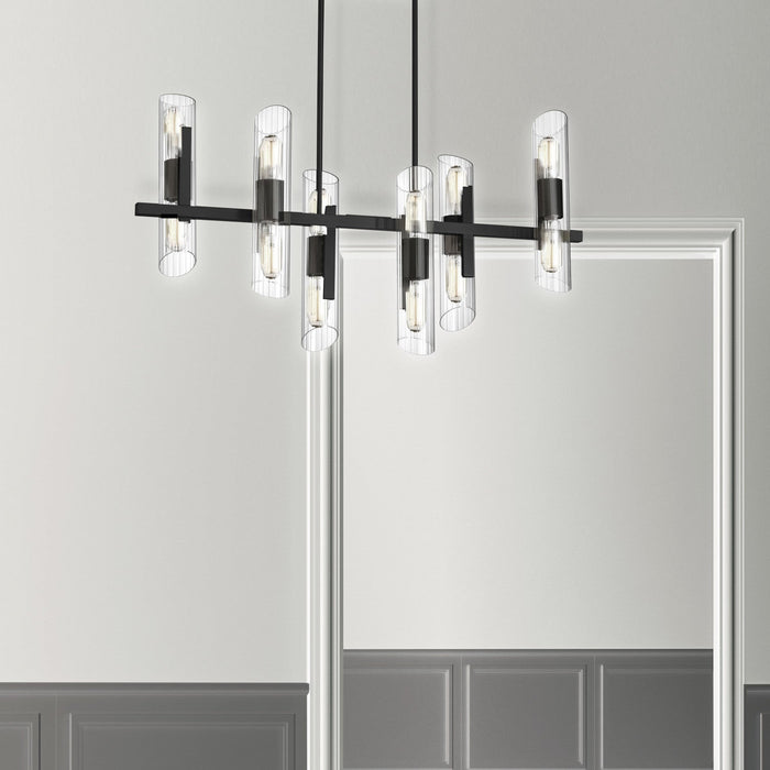 Dainolite Samantha 12 Light Horizontal Chandelier Matte Black Clear Fluted Glass Lamp