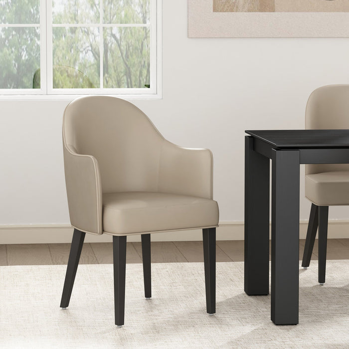 Hillman Modern Wood Vegan Leather and Velvet Armchair in Sand Dining Chair 