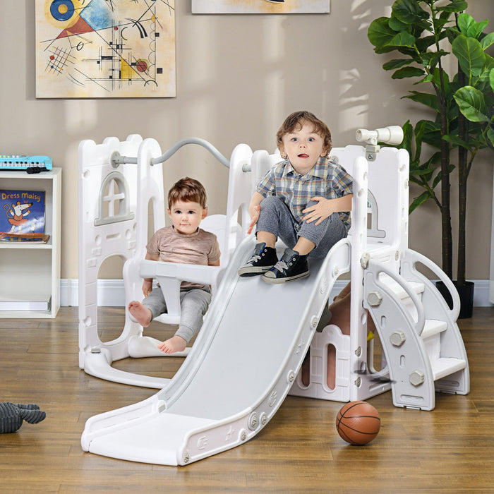Qaba 6-in-1 Slide And Swing Set With Basketball Hoop, Climber, Baby Swing Set Indoor Playground With