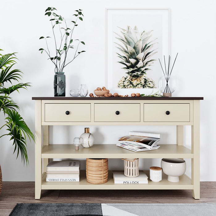 Wendy Solid Wood Console Table With 3 Drawers And 2 Open Shelves,beige Accent Cabinet 