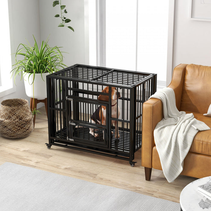 Pawhut 37\" Heavy Duty Dog Crate With Wheels For Small And Medium Dogs, Folding Dog Cage With Double 
