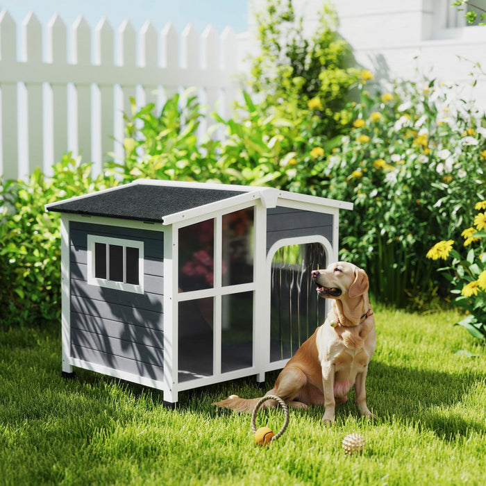 Pawhut Large 42in Wooden Dog House Outdoor With Removable Bottom, Cabin Style Raised Pet Kennel, With Openable Asphalt Roof, Door Curtain, Side Windows For Large Dog, Dark Grey