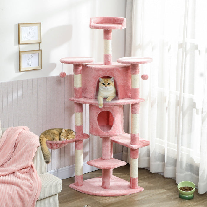 PawHut Cat Tree, 62" Multi-Level Cat Tower with Scratching Posts, 2 Condos, Hammock, Perches, Plush, Pompoms, for Indoor Kittens Playing, Resting, Sleeping, Pink