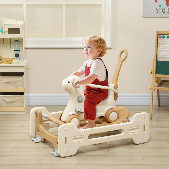Qaba 5 In 1 Rocking Horse For Toddlers 1-6 Years, Alpaca-shaped Baby Push Ride On Car For Toddlers W/ Balance Board, Push Handle, 4 Wheels, Support To 66 Lbs, Hdpe Sliding Car