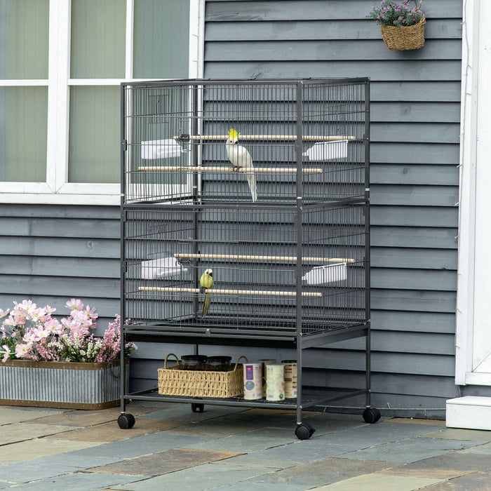 Pawhut 52\" Large Rolling Steel Bird Cage Bird House With Rolling Stand, Storage Shelf, Wood Perch, F