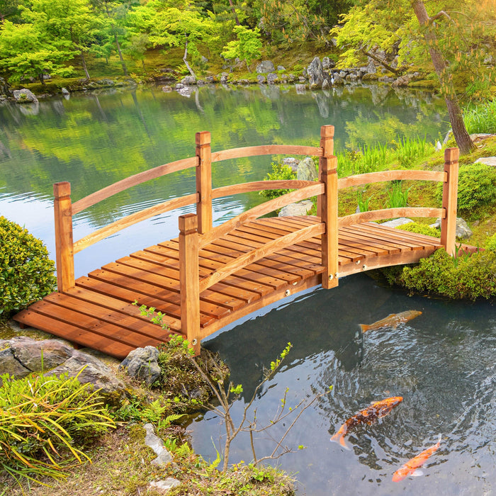 Outsunny 6ft Wooden Garden Bridge Classic Arc Footbridge With Guardrails For Stream Pond Walkway, Or