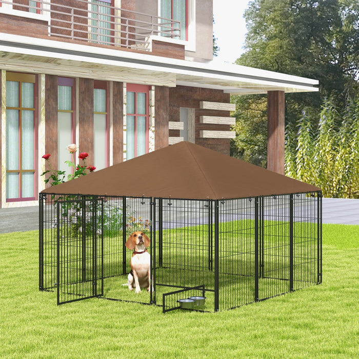 Pawhut Dog Run, 6.9' X 6.9' X 5' Outdoor Dog Kennel With Canopy, Rotating Bowls, Door For Backyard &