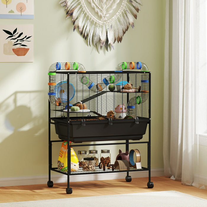 Pawhut Large Hamster Cage With 7" Deep Tray, 3 Tier Rolling Gerbil Cage With Storage Shelf, Big Exercise Wheel, Tube System, Hut, Platforms, Ramps, For Syrian, Gerbil, Rat
