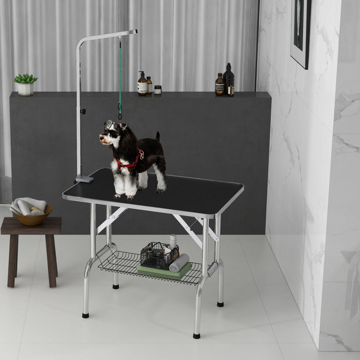 Pawhut Dog Grooming Table With Adjustable Grooming Arm, Pet Grooming Table For Dogs With Storage She