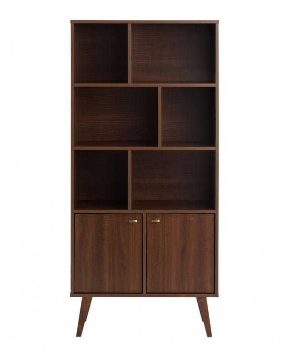 Milo Mid-Century Modern Bookcase with 6 Shelves, 2 Doors & Brushed Brass-Finished Knobs - Cherry