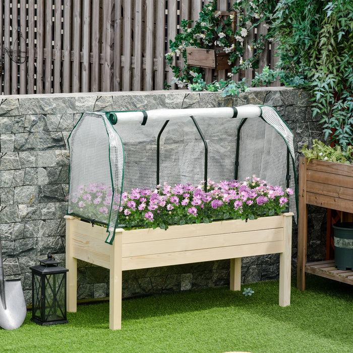 Outsunny Raised Garden Bed With Pe Greenhouse Cover Outdoor Elevated Wood Planter Box For Herbs And 