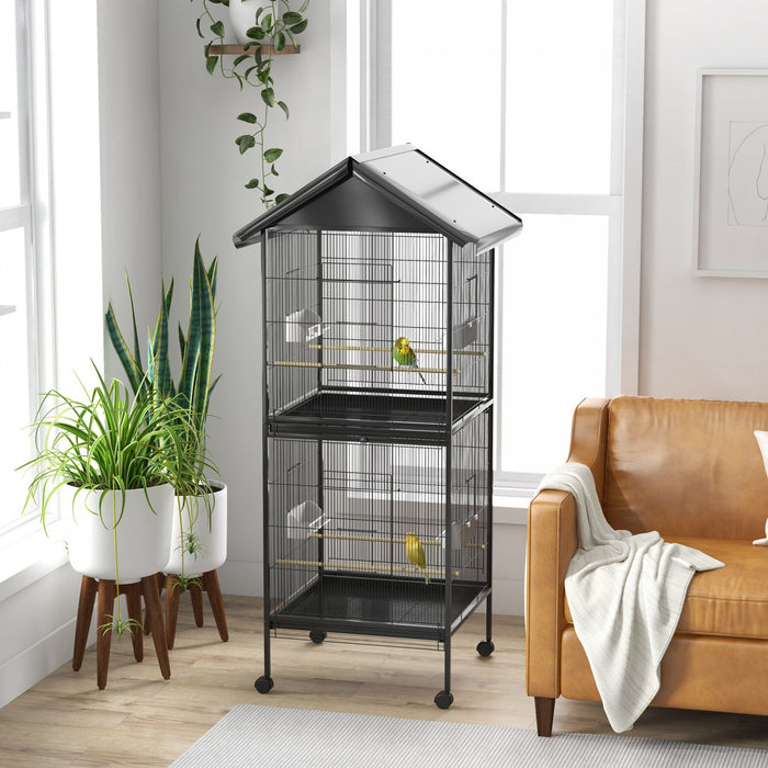 Pawhut Wrought Metal Bird Cage Feeder With Rolling Stand Perches Food Containers Doors Wheels 67\" H,