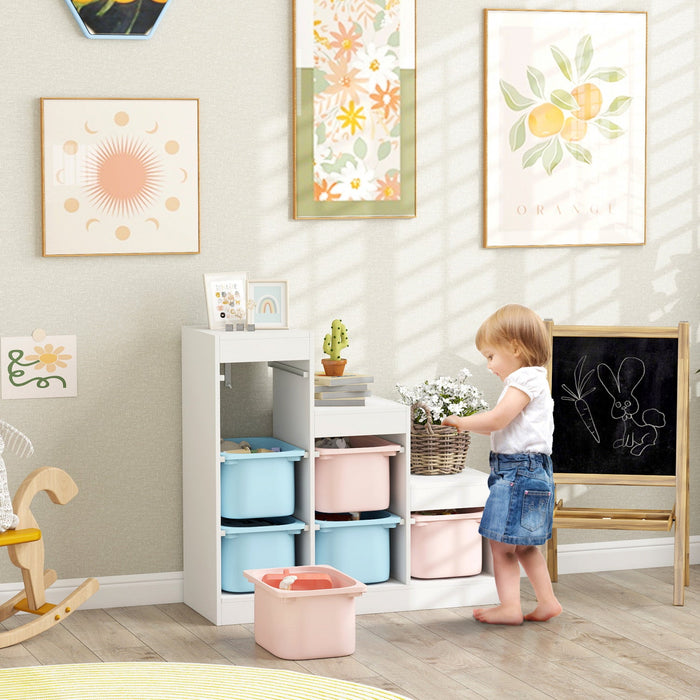 Qaba Toy Storage Organizer with 6 Plastic Bins, 3 Layers Children Toy Storage with Anti-tipping Design, for Ages 3–8 Years, Study Room, Playroom, Blue & Pink