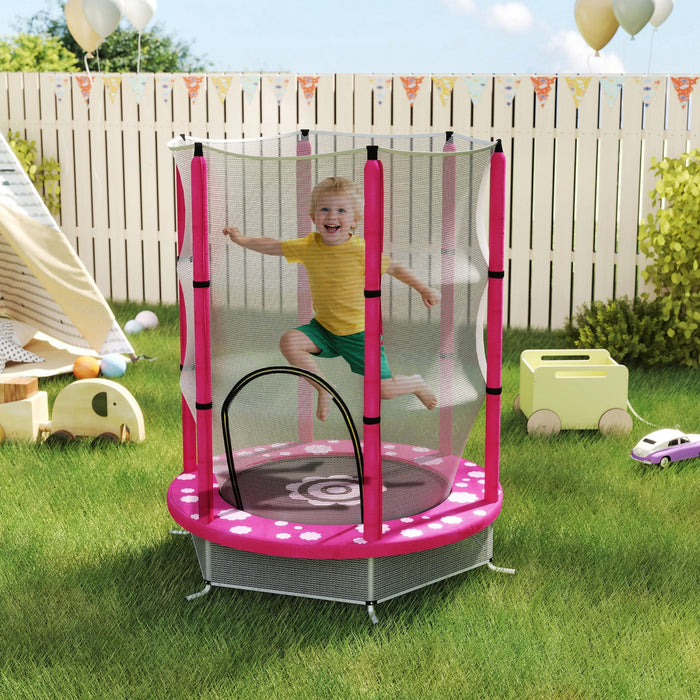 Qaba 55" Trampoline for Kids, Toddler Trampoline with Safety Enclosure, for Jumping and Playing, Indoor Outdoor Use, Ages 3-6 Years, Sun Pattern, Pink